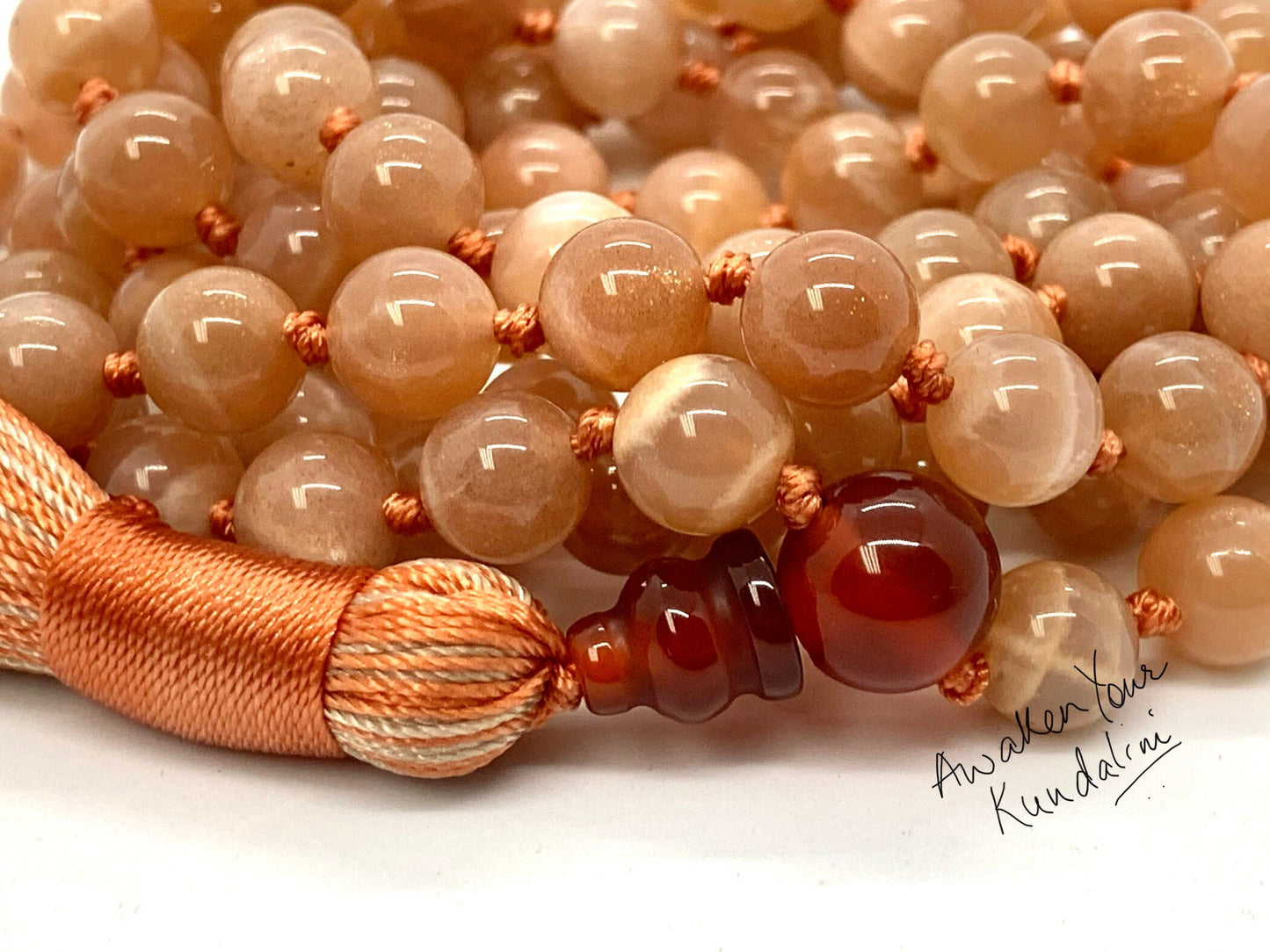 Hand Knotted Sunstone Mala Necklace – Confidence, Joy & Emotional Healing | Sacral Chakra | VESTA Collection
