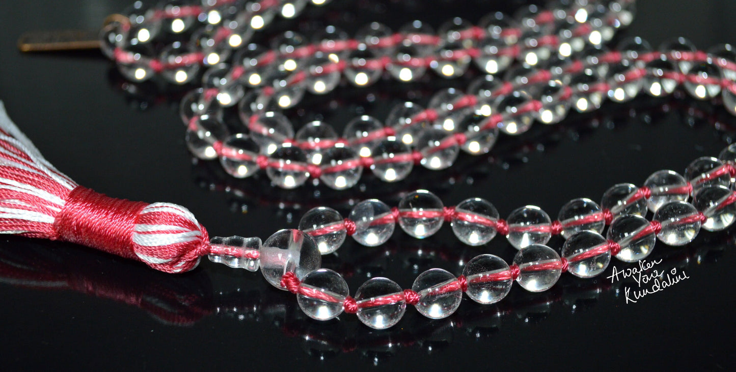 Energized Blessed AAA Grade 6mm, 8 mm, Brilliant Clear Quartz Energized Natural Nirvana Crystal Quartz 108 Saphtik Mala Beads Necklace