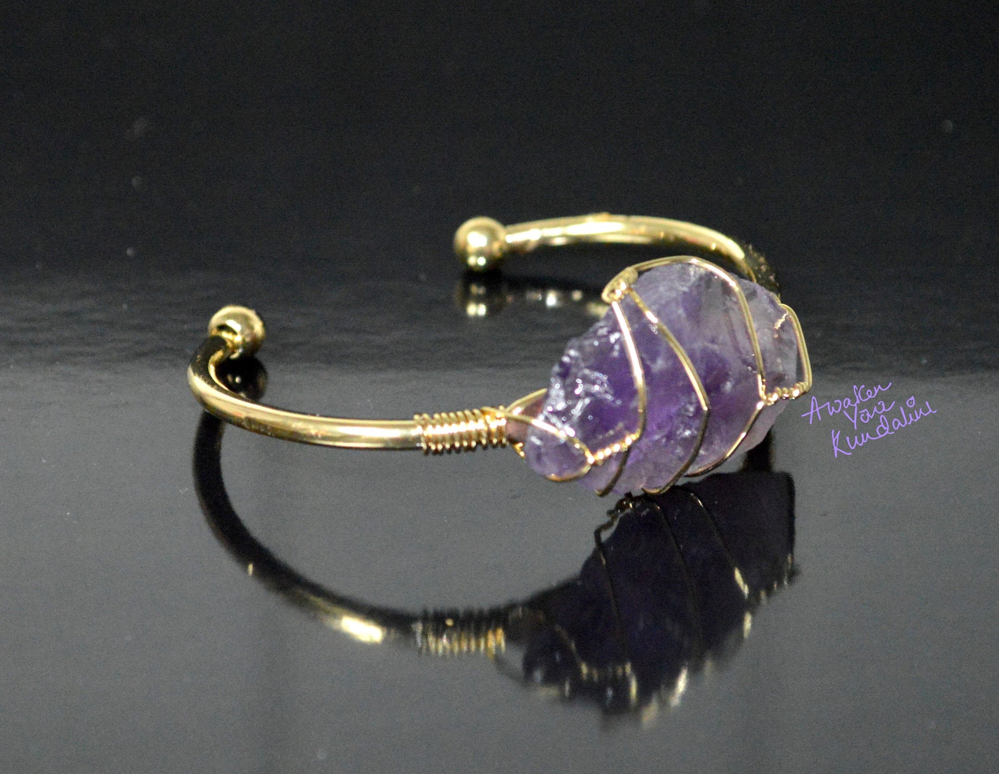 Raw Amethyst Quartz Bangle 18kt Gold Plated Crown Chakra SOMA LUMA Collection Spiritual Protection Divine Wisdom Meditation Enhancement Natural Stone Handmade USA AYK