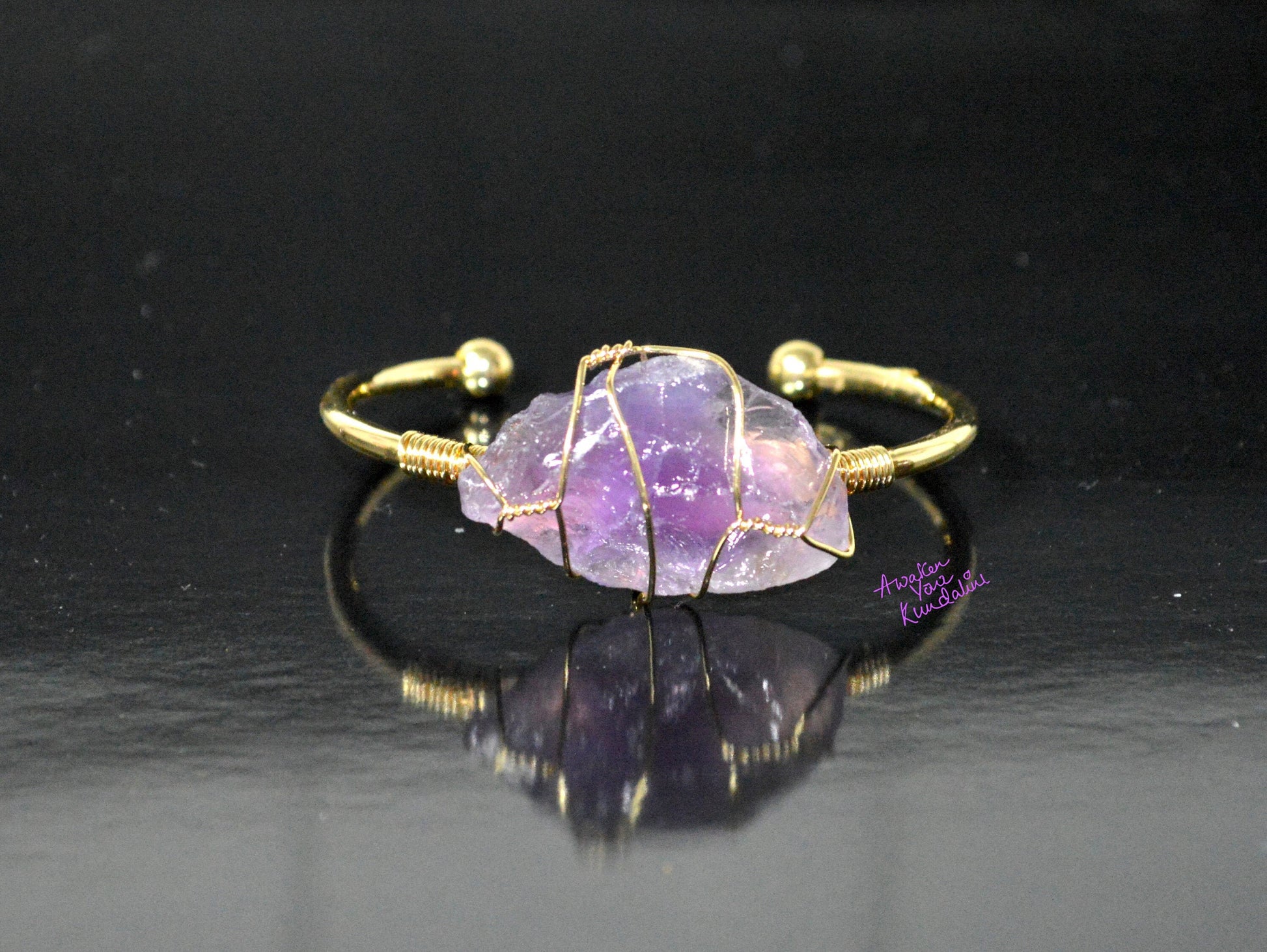 Raw Amethyst Crystal Detail 18kt Gold Plated Bangle Crown Chakra Healing SOMA LUMA Collection Spiritual Awakening Energy Protection Natural Stone Jewelry Handmade USA AYK