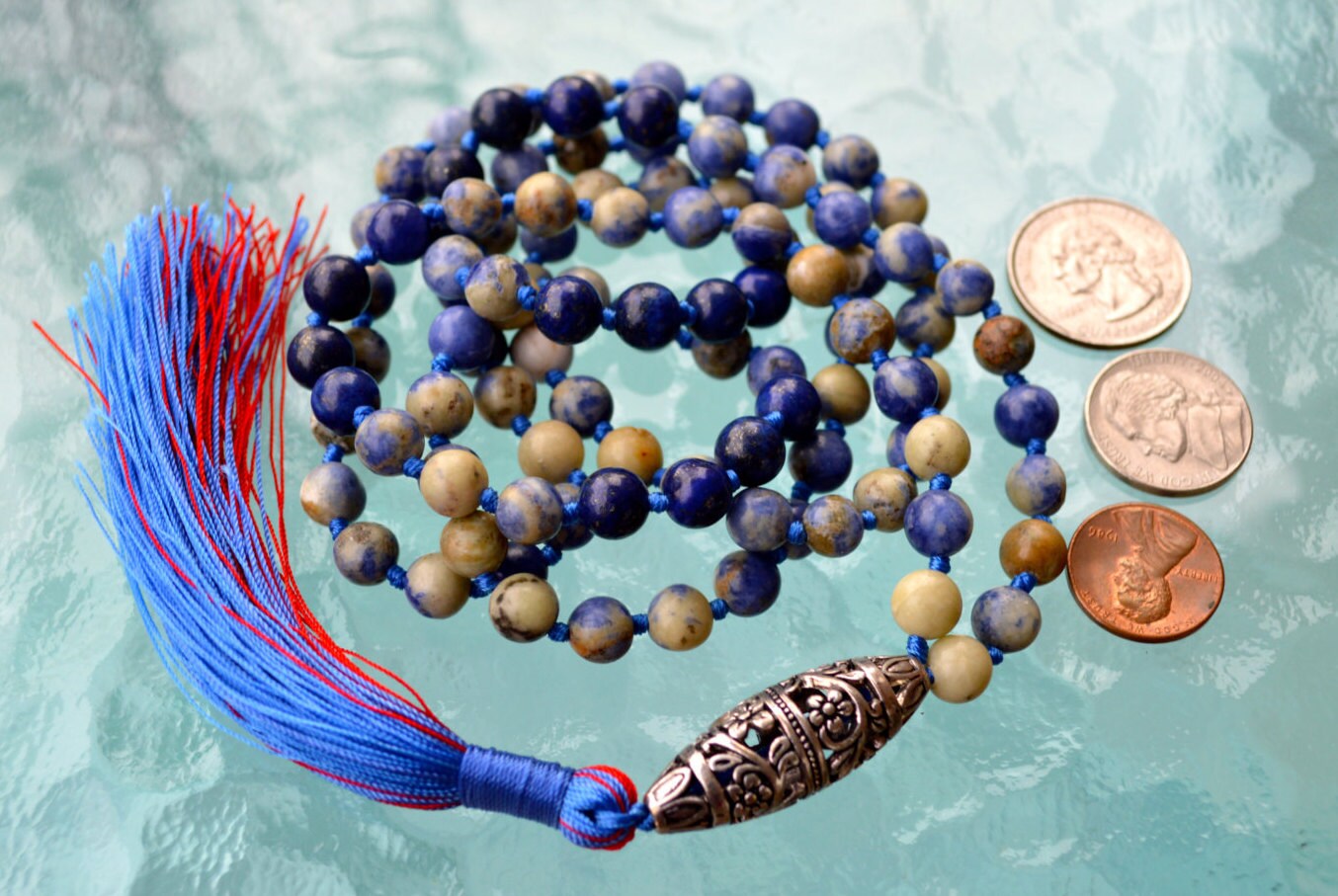 Sodalite 108 Hand Knotted Mala Buddhist Beads Necklace - Energized Karma Nirvana Meditation 8mm Prayer Beads For Awakening Chakra Kundalini