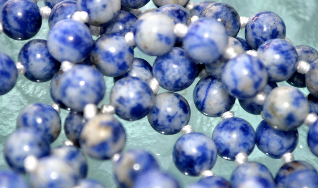 Sodalite Hand Knotted Mala Beads Necklace to Overcome Fears, Helps get rid of Guilty feelings and Irrational Fears, Sodalite Healing Beads