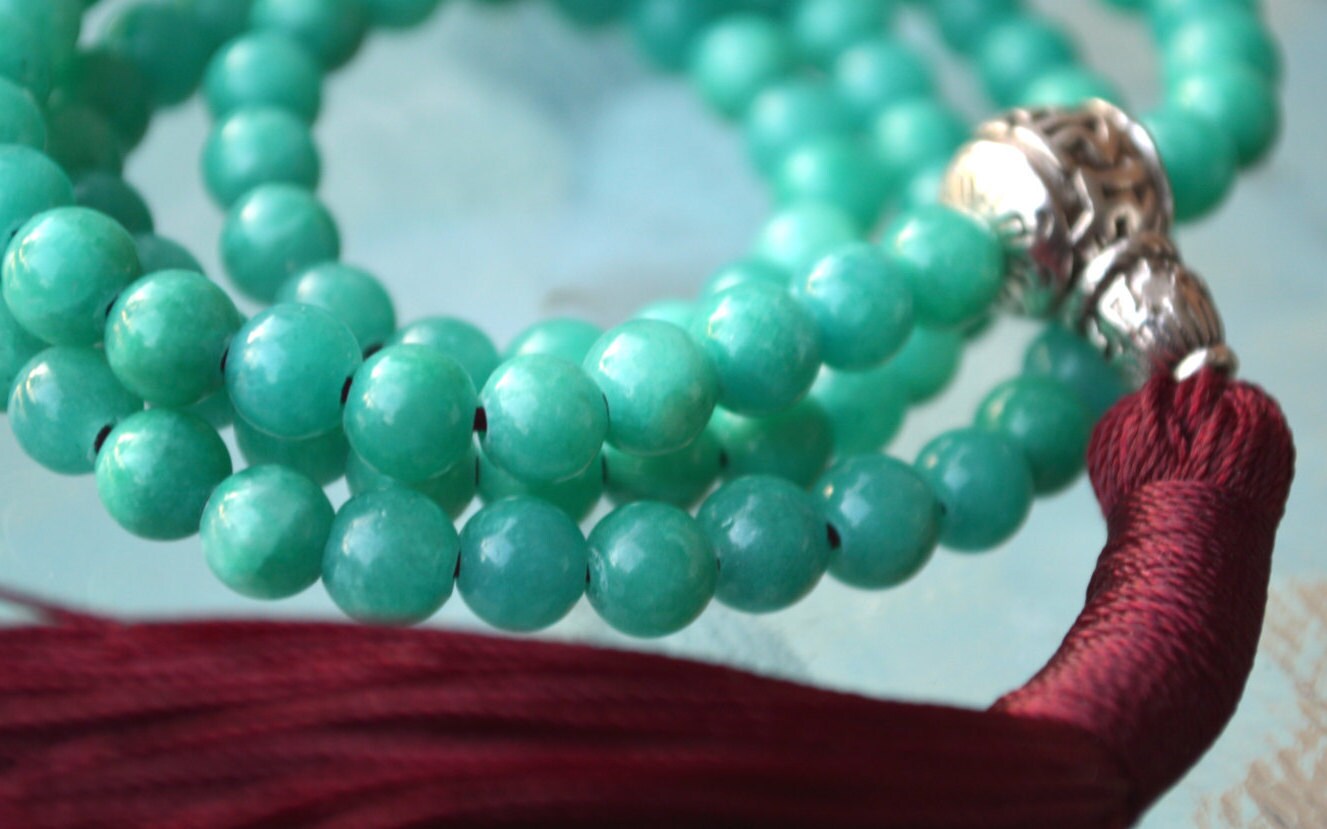 108 Turquoise Jade Handmade Mala Beads Necklace - Blessed Energized Karma Nirvana Meditation 6 mm Prayer Beads For Awakening Chakra Kundali
