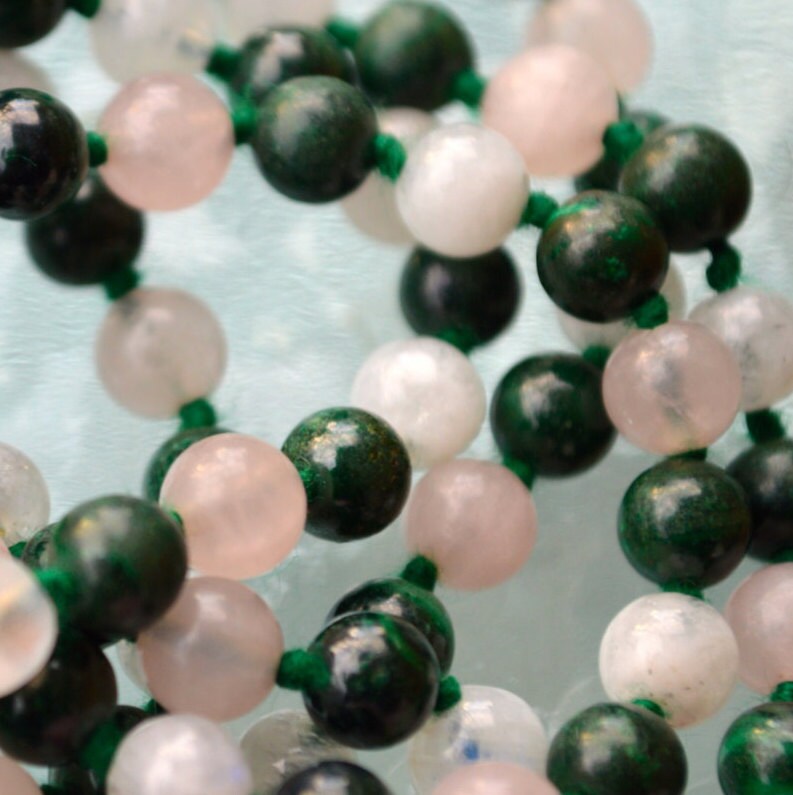 Rose Quartz, Moonstone & Malachite Mala Necklace | GAIA Collection