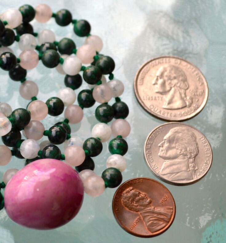 Rose Quartz, Moonstone & Malachite Mala Necklace | GAIA Collection