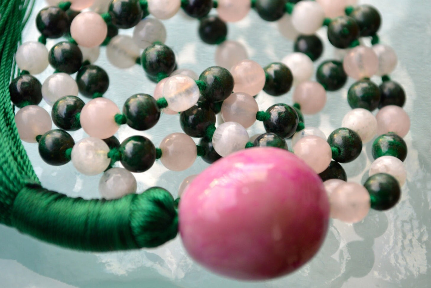Rose Quartz, Moonstone & Malachite Mala Necklace | GAIA Collection