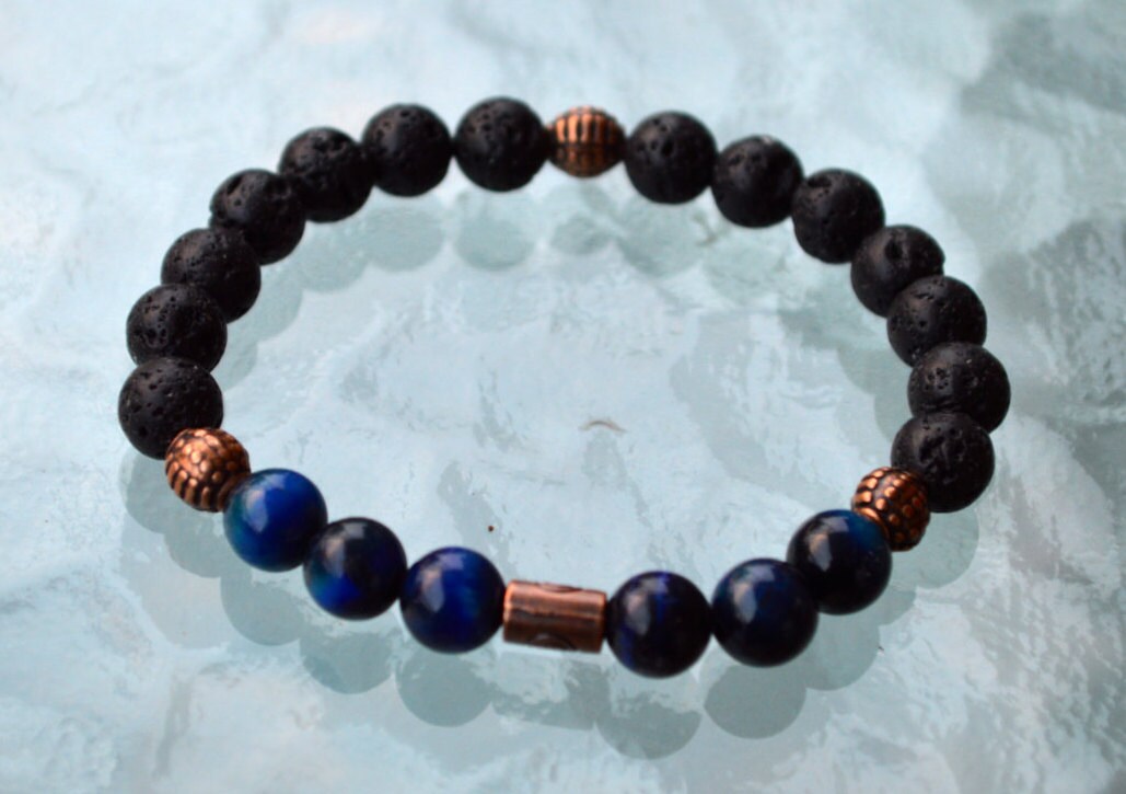 Lava Stone Blue Tigers Eye Bracelet Close-up Detail - 8mm Premium Gemstone Beads - Volcanic Basalt Natural Variations - Third Eye Chakra Activation - VULCAN Collection - Grounding Energy Spiritual Protection - Handmade USA AYK