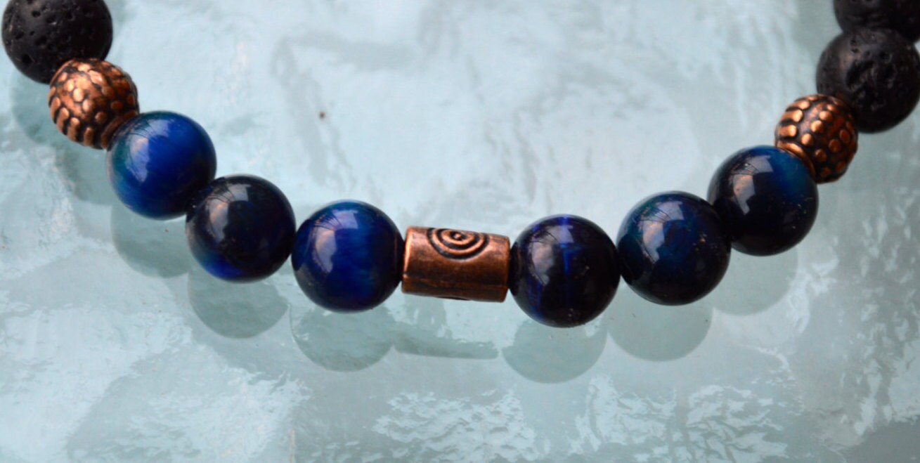 Lava Stone Blue Tigers Eye Bracelet Flat Lay - Dual Chakra Healing Jewelry - Volcanic Grounding Celestial Insight - 8mm Natural Stone Beads - VULCAN Collection - Essential Oil Compatible - Handmade USA AYK
