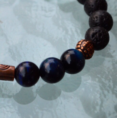 VULCAN Lava Stone Blue Tigers Eye Bracelet Lifestyle - Root Chakra Grounding Third Eye Intuition - Volcanic Fire Energy Cosmic Awareness - 8mm Stretch Spiritual Jewelry - VESTA Collection - Inner Vision Protection - AYK Awaken Your Kundalini