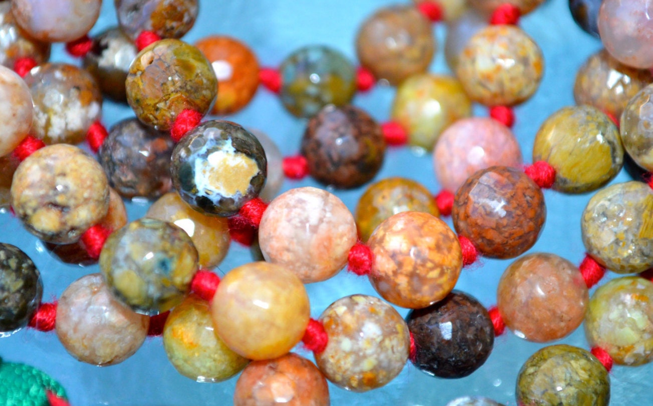 Chalcedony Faceted Natural Rainbow Agate Buddhist Mala Beads Protection from Bad Dreams, Stress, Energy drains, Gyneo problems, Pregnancy