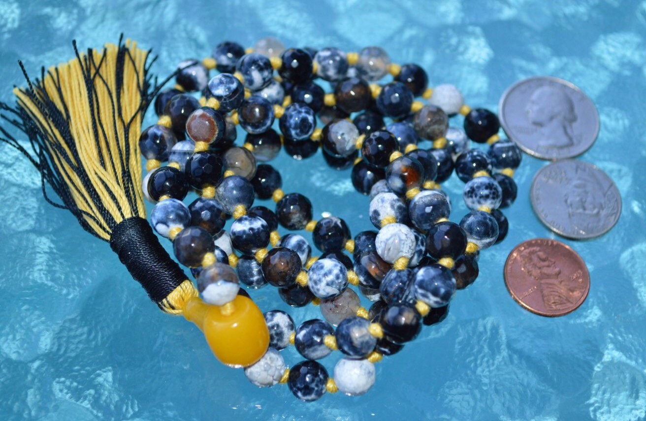 Natural Fire Agate Dragon Vein, Lava & Black Onyx Hand Knotted Mala Beads Necklace - Meditation Chanting Rosary 8mm 108 Prayer Beads