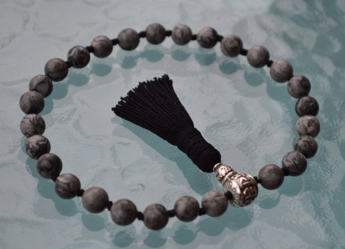 Scenic Jasper Map Stone Prayer Beads knotted Pocket Mala Beads - For Protection, Creative Vision, Confidence, Emotional Healing and Harmony