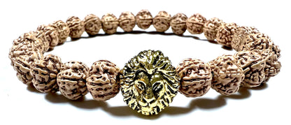 Unleash Inner Strength & Grounding: Handmade 5 Mukhi Rudraksha & Golden Polished Lion Head Bracelet (8mm) - Root Chakra & Universal Sun Sign