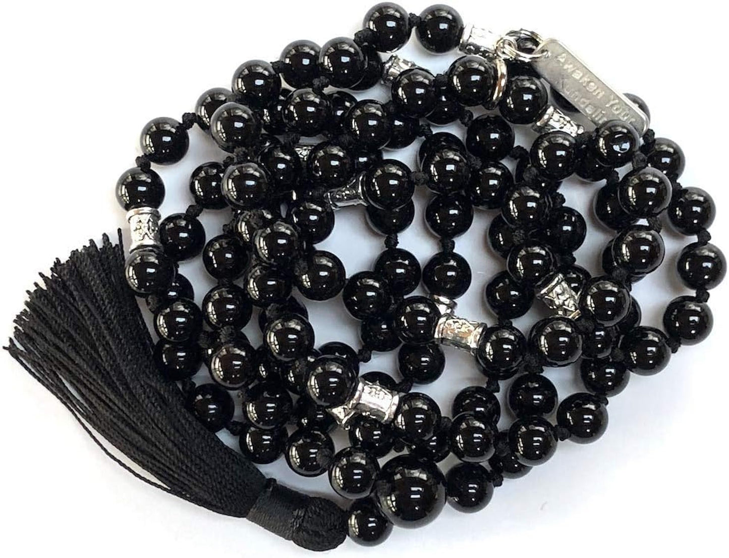 Hand-knotted Black Onyx Mala Necklace (8mm 108 Beads) with Zinc Alloy Spacers - Capricorn and Leo Birthstone Crystals