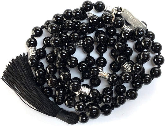 Hand-knotted Black Onyx Mala Necklace (8mm 108 Beads) with Zinc Alloy Spacers - Capricorn and Leo Birthstone Crystals