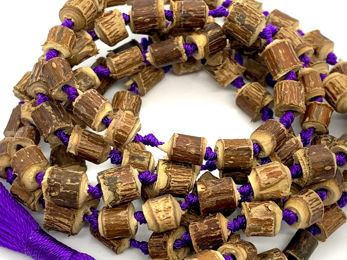 Tulsi mala beads necklace - Energized hand knotted Holy Basil 108 beads w/Velvet Pouch - PURE RAW CUT ROUGH Prayer beads - chanting mantra Meditation - Red Blue Green Orange String (PURPLE)