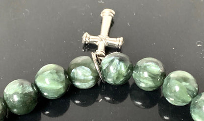 Seraphinite Stretch Bracelet with Choice of Alloy Silver Finish Mother Mary & Holy Cross or Lord Ganesha - Universal Birthstone - Heart & Crown Chakra