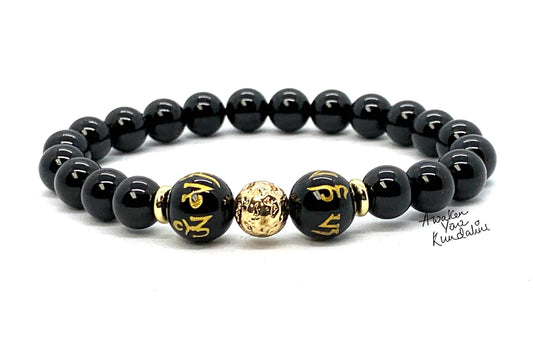 Black Obsidian Mala Bracelet with Engraved Buddhist Mantra - 10mm Crystals - October-November Birthstone for Scorpio - Root Chakra Balancing