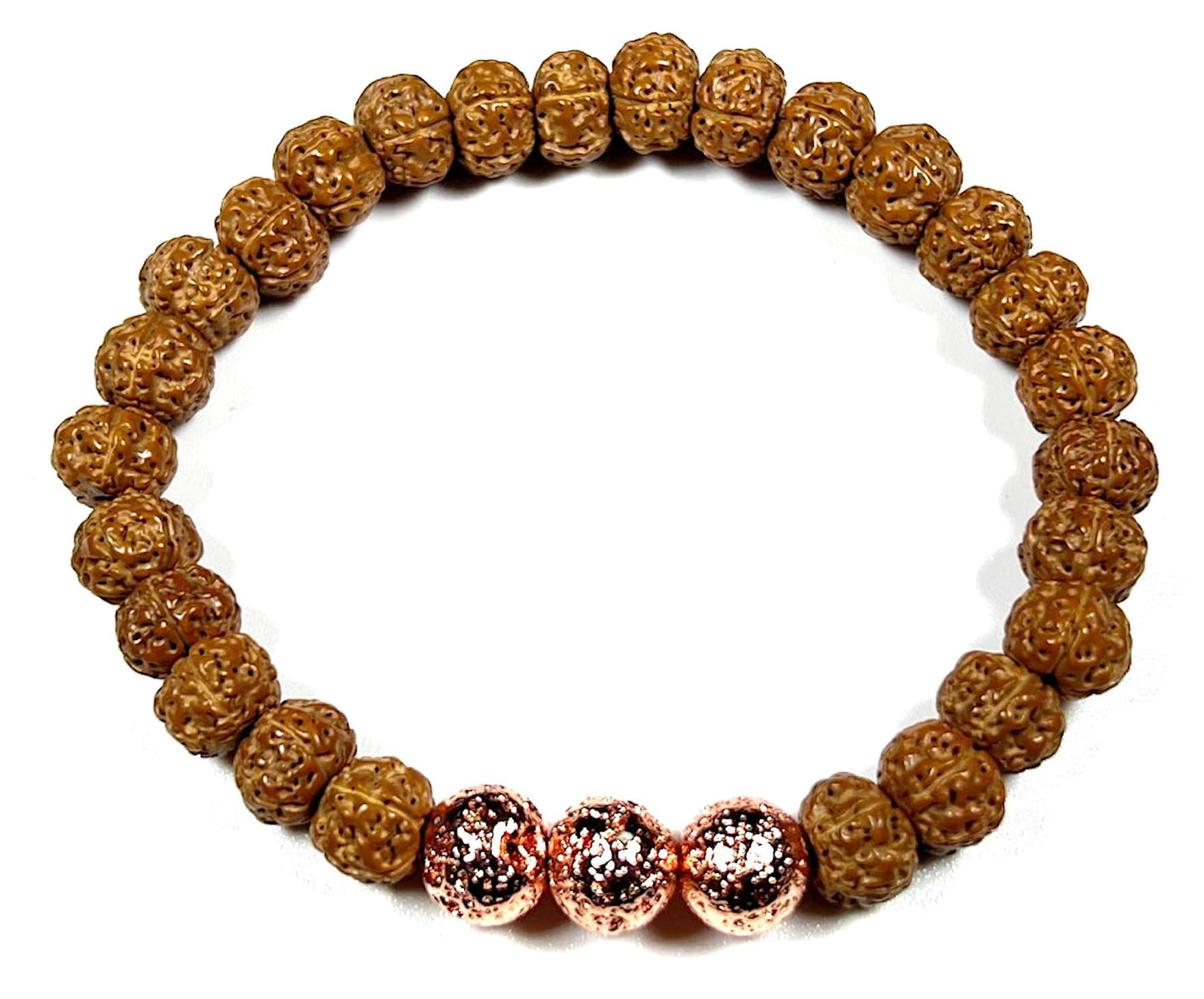 Handmade 5 Mukhi Chikna Rudraksha & Rose Gold Lava Bead Bracelet - Root Chakra Balance & Universal Birthstone - Strength & Harmony