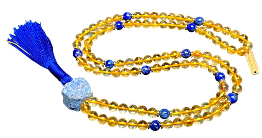 SolSky | Handmade Wisdom Necklace – Natural Citrine & Lapis Lazuli Mala Beads | 8mm 108 Beads | Solar Plexus & Throat Chakras | November & September Birthstones | Ethically Sourced