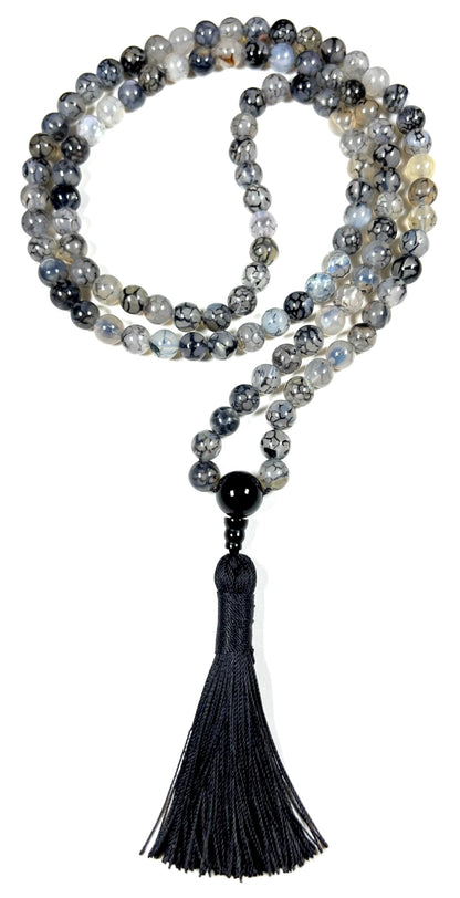Handmade Black Dragon Vein Agate Mala Beads Necklace | 8mm 108 Beads | Spiritual Jewelry | Birthstone & Chakra Energy