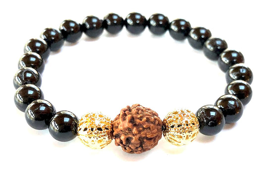 Black Tourmaline & Rudraksha Bead Stretch Bracelet – Birthstone for October, Sun Sign Scorpio & Libra, Root Chakra & Crown Chakra