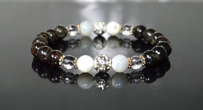Astrophyllite, Crystal Quartz, Lava & Mother of Pearl Stretch Bracelet - Birthstone for April & June - Zodiac Sun Sign for Aries, Taurus, Gemini Cancer - Crown Chakra