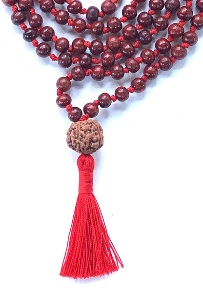 Rosewood mala beads necklace 108 buddhist prayer beads Red Sandalwood japa mala 10 Styles - Energized - w/ mala Pouch (8mm 108+1 Beads Knotted mala w/ 14mm 5 Mukhi (5 Face) Rudraksh Guru Bead)
