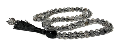 AAA Grade Rutilated Quartz Mala Necklace with Black Tourmaline Guru Bead – Hand-knotted 8mm 108 Beads | Crown & Root Chakras | April Birthstone Energy | Ethically Sourced