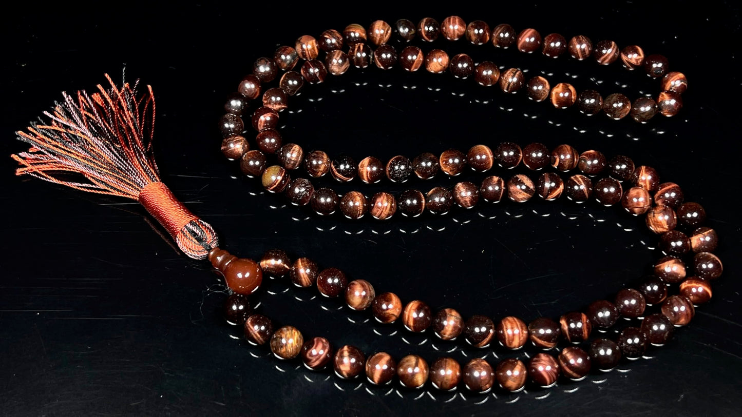 Handmade Tiger's Eye Mala Beads Necklace – 8mm 108 Beads – Multicolor Options – Solar Plexus Chakra & Zodiac Birthstones – Meditation Jewelry