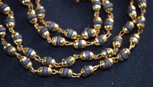 Tulsi mala beads necklace 6mm Holy Basil beads Buddhist Prayer beads with gold/silver caps w/ or w/o S Hook - Sacred calming beads for peace harmony (Style-2 (Black Gold Caps w/ S Hook))