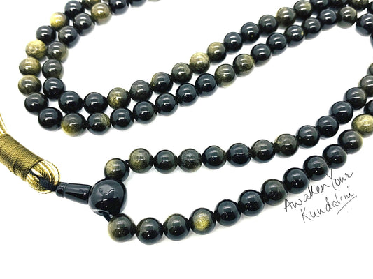 Golden Sheen Obsidian Mala Necklace - 8mm 108 Beads - Scorpio & Sagittarius Birthstone for October November December - Root & Solar Plexus Chakra