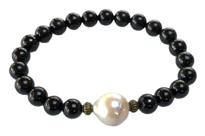 VESTA Black Tourmaline & 14MM Natural Pearl Bracelet | Grounding, Elegance & Protection | Root Chakra Energy | Handmade in USA