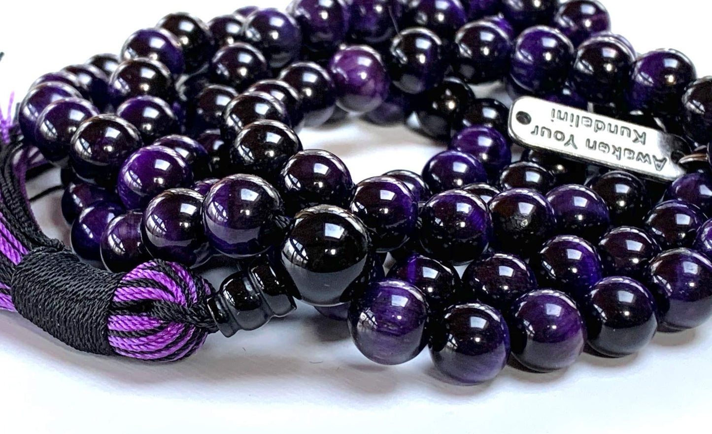 Handmade Purple Tiger's Eye Mala Necklace: Aquarius & Pisces Birthstone - Intuition & Confidence - Third Eye & Solar Plexus Chakra (8mm Beads, 36 Inch Length)