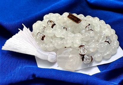 AAA Grade 8mm Genuine Natural Selenite & Nirvana Crystal Quartz, Gemstone Mala Bead Necklace, Soul Chakra, Crown Chakra, Jaap Japa, 108 Mala, Energized Mala Beads Necklace, Chakra Mala