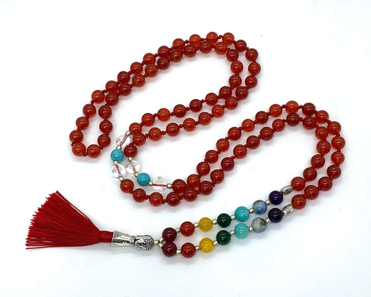 Energized 7 Chakra mala Hand Knotted 108 mala beads necklaces - Japa mala - Buddhist prayer beads - Meditation beads - Healing crystals for men women (Carnelian 1st chakra Root Chakra Mala)