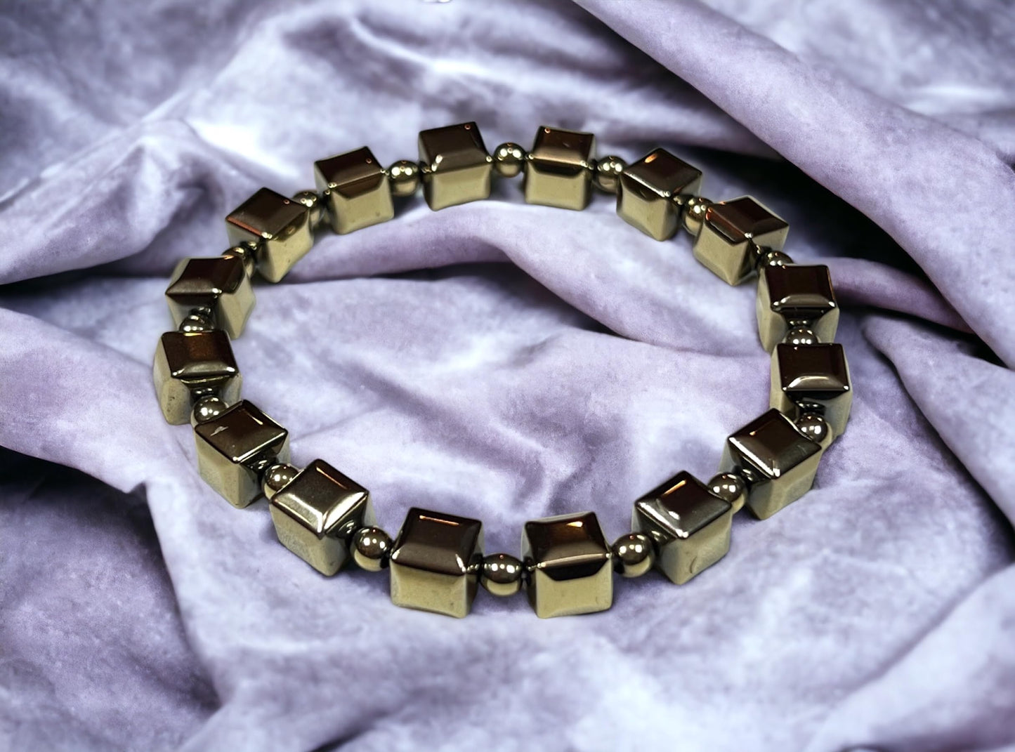 Handmade Pyrite Stretch Bracelet – 8mm Cube and Round Beads – Leo Birthstone – Solar Plexus Chakra – Approx. 7 Inch Wrist Size