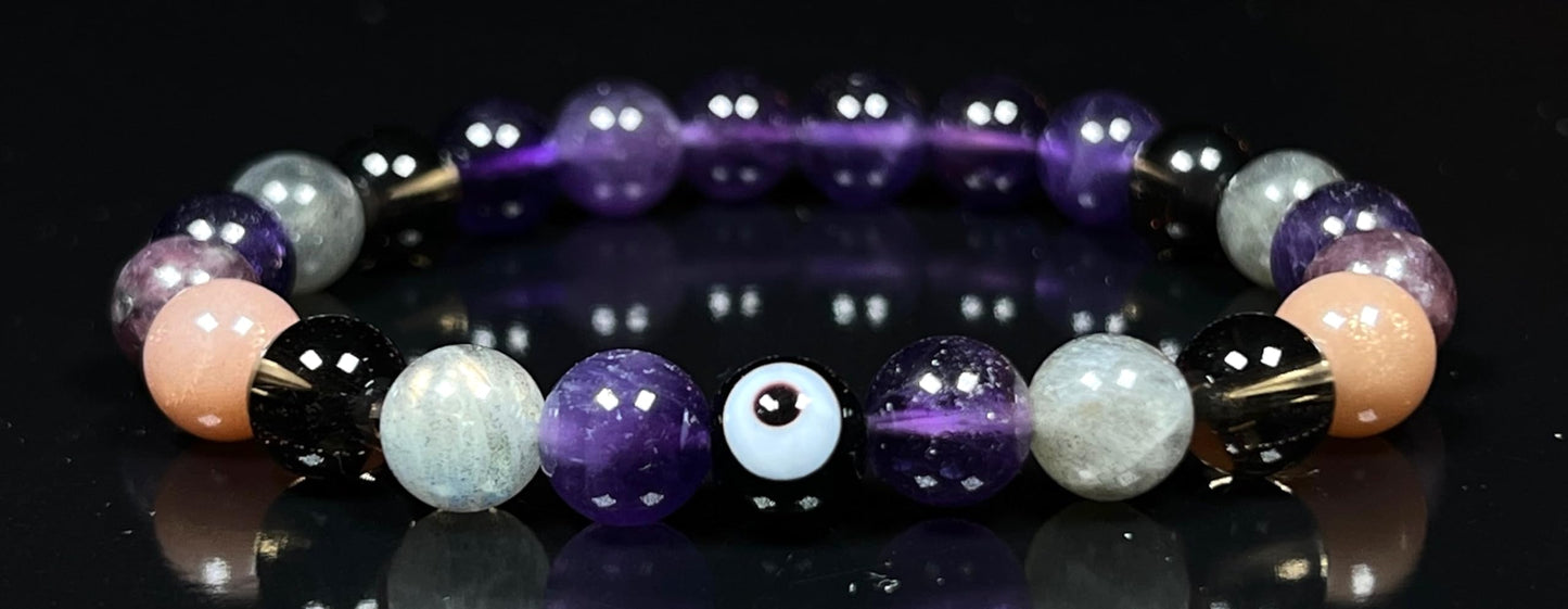 AWAKEN YOUR KUNDALINI Tranquility and Emotional Balance Stretch Bracelet, Evil Eye, Rose Quartz, Amethyst, Smoky Quartz, Labradorite, Charoite