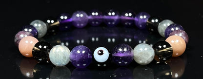AWAKEN YOUR KUNDALINI Tranquility and Emotional Balance Stretch Bracelet, Evil Eye, Rose Quartz, Amethyst, Smoky Quartz, Labradorite, Charoite