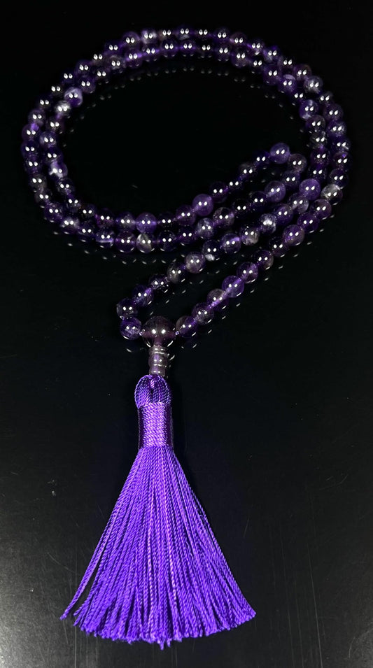 Handmade Amethyst Mala Beads Necklace - 6mm 108 Beads - Pisces Birthstone - Crown Chakra