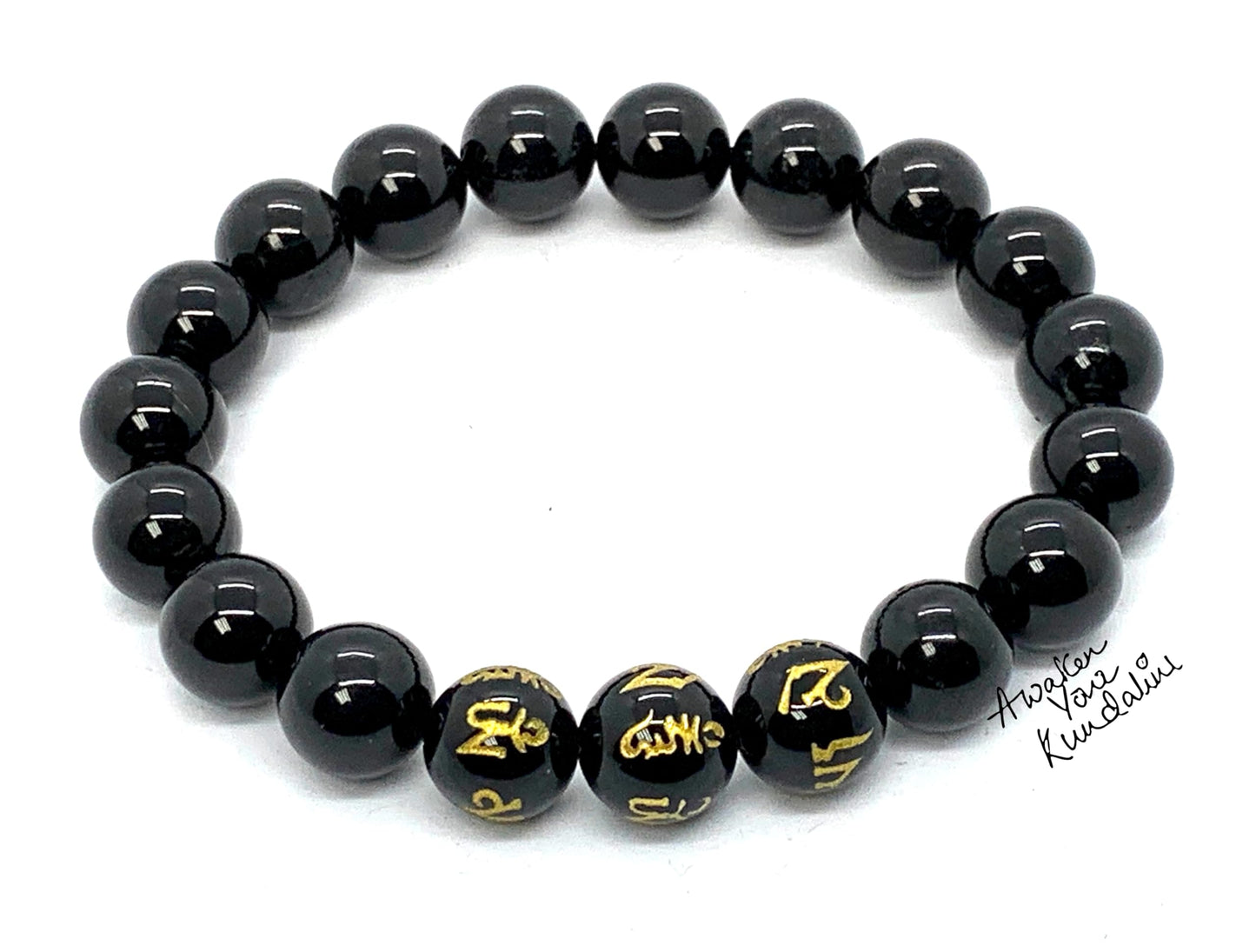 Black Obsidian Buddhist Prayer Beads Stretch Bracelet - Om Mani Padme Hum Mantra Engraved on 3 Center Beads - Scorpio Birthstone for October November - Root Chakra