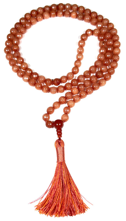 Faceted Orange Jade Mala Beads Necklace – 8mm, 108 Beads – Birthstone & Chakra Energy Beads for Spiritual Practices & Meditation