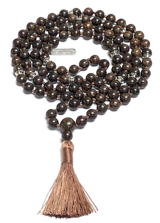 Hand-Knotted Bronzite Mala Necklace (8mm 108 Beads) - Gemini & Leo Birthstone - Solar Plexus Chakra