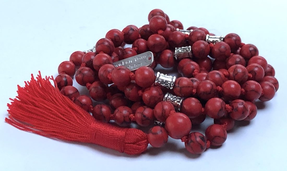 Certified Energized Mala Beads Necklace with COA - Chakra Mala - Japa Mala - 8mm 108 Buddhist Prayer Beads - Meditation Mala - Tassel Necklace – Zodiac/Sun Sign stones (Red Howlite)
