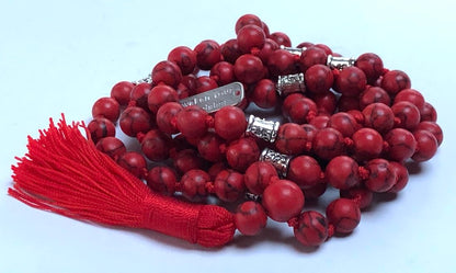 Certified Energized Mala Beads Necklace with COA - Chakra Mala - Japa Mala - 8mm 108 Buddhist Prayer Beads - Meditation Mala - Tassel Necklace – Zodiac/Sun Sign stones (Red Howlite)