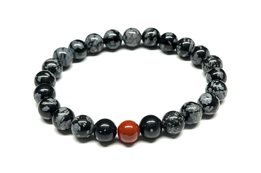 Snowflake Obsidian & Red Jasper Stretch Bracelet - Aries Scorpio Sagittarius Birthstone for March October November December - Root Chakra
