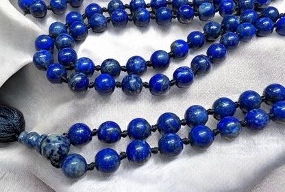 AWAKEN YOUR KUNDALINI Hand Knotted 8mm Lapis Lazuli Mala Beads Necklace, Third Eye & Throat Chakra Healing, Intuition & Communication, Natural Undyed