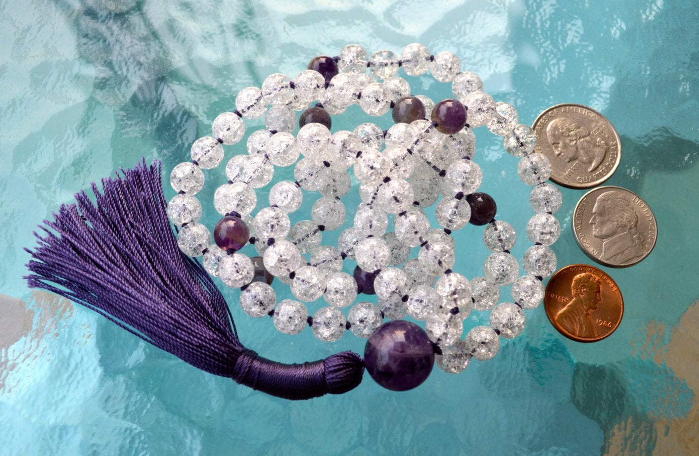 Crackled Quartz & Amethyst Mala Necklace | 108 Beads | Crown Chakra | PRABHA Collection