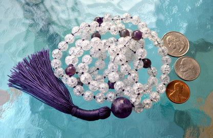 Crackled Quartz & Amethyst Mala Necklace | 108 Beads | Crown Chakra | PRABHA Collection