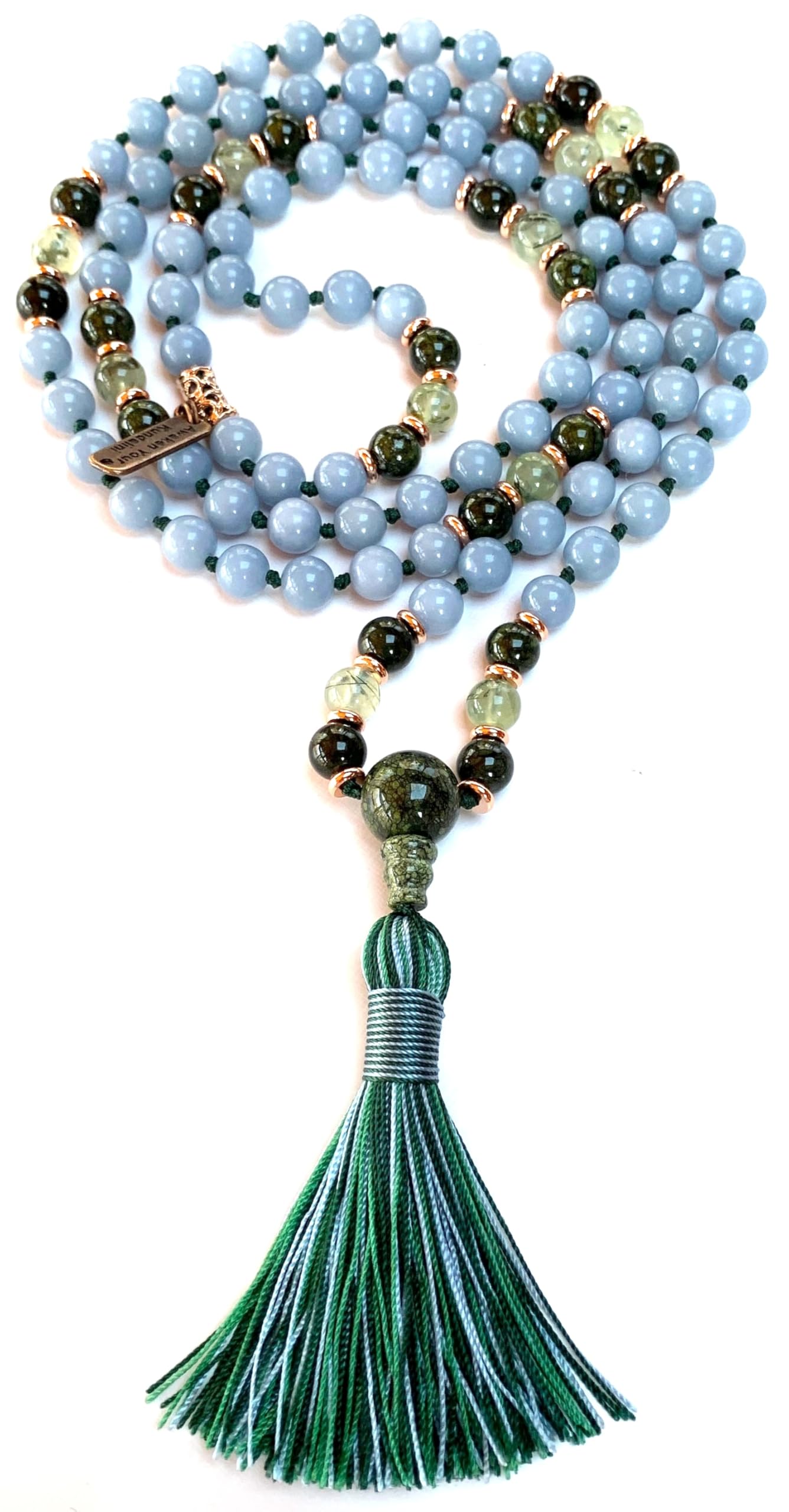 Hand-Knotted Angelite, Tourmaline, Prehnite & Green Jade Mala Beads Necklace | 8mm 108 Beads | Universal Birthstone | Heart & Throat Chakra